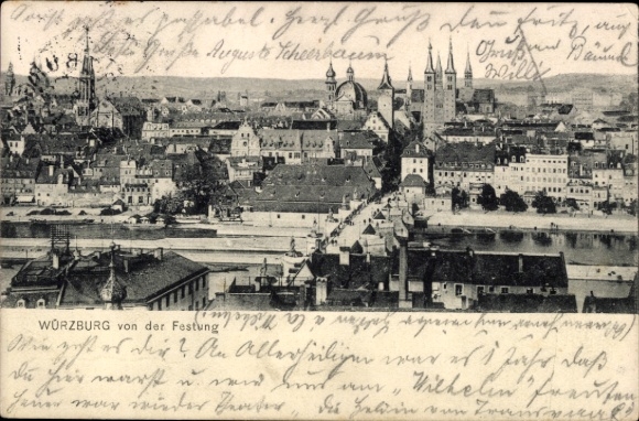 Postcard Würzburg am Main Lower Franconia, panoramic view of fortress, river, buildings, churches