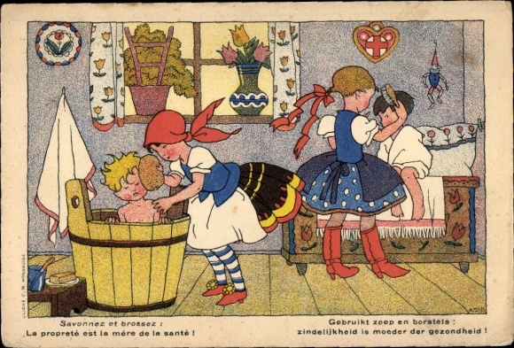 Artist Postcard Belgian Red Cross, Children in traditional costumes doing personal hygiene