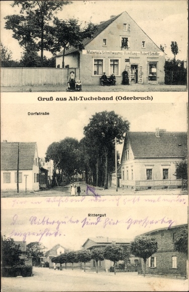 Postcard Alt Tucheband im Oderbruch, material goods store Robert Schiffer, Dorfstraße, manor