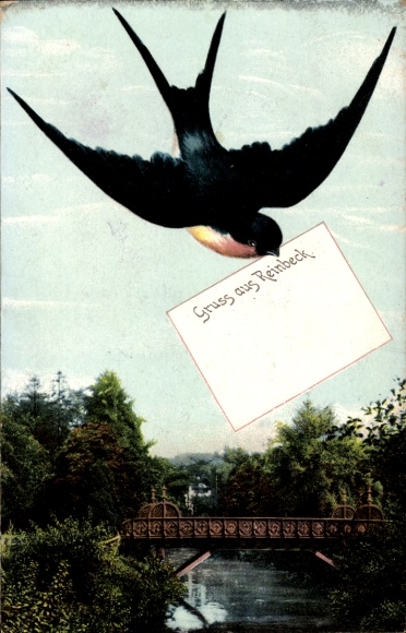 Postcard Reinbeck Reinbek in Schleswig-Holstein, partial view with bridge, swallow with letter
