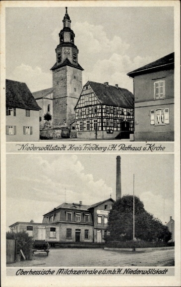 Postcard Nieder Wöllstadt Kr. Friedberg, town hall, church, milk center