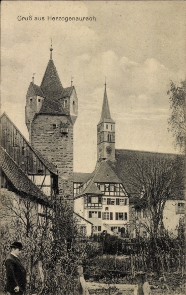Postcard Herzogenaurach in Middle Franconia, partial view, church tower