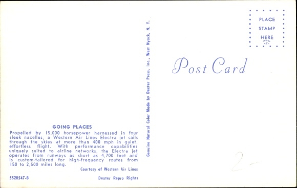 Postcard Western Airlines, Electra, N7135C, passenger aircraft