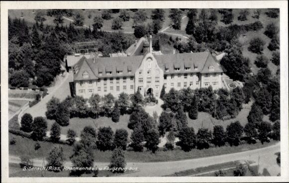 Postcard Biberach an der Riß in Upper Swabia, aerial photograph, hospital