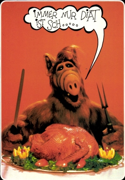 Postcard Always dieting is sh..., Alf with roast goose