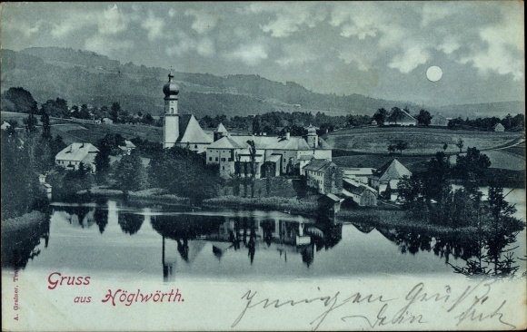 Moonlight Postcard Höglwörth Anger im Rupertiwinkel Upper Bavaria, view of the town, church