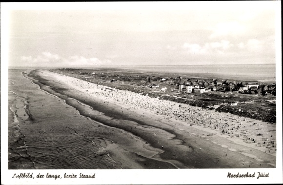 Postcard Nordseebad Juist in Ostfriesland, wide beach, aerial photo