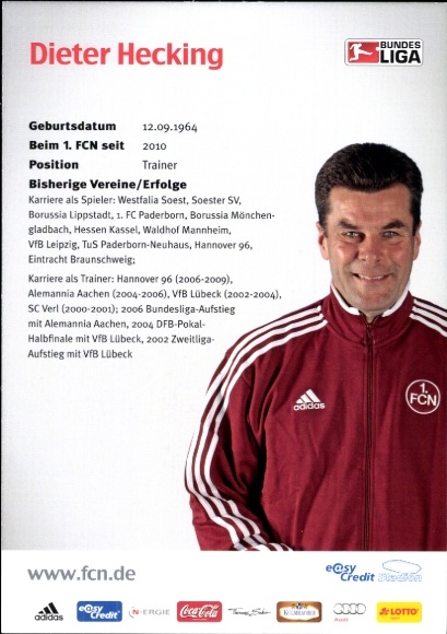 Autograph card coach Dieter Hecking and Doris, 1. FC Nuremberg, autograph