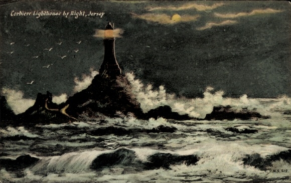 Ak Gorey Kanalinsel Jersey, Mont Orgueil Castle, Leuchtturm Corbière bei Nacht,  Wellen, Vögel, M