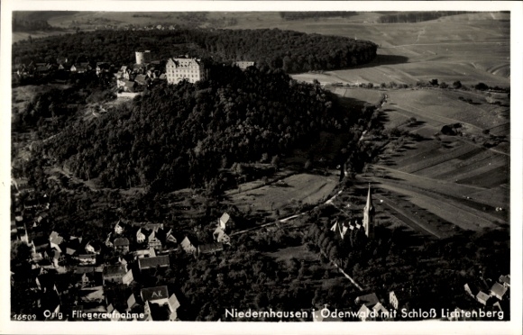 Postcard Niedernhausen Fischbachtal in the Odenwald, aerial photograph, Lichtenberg Castle