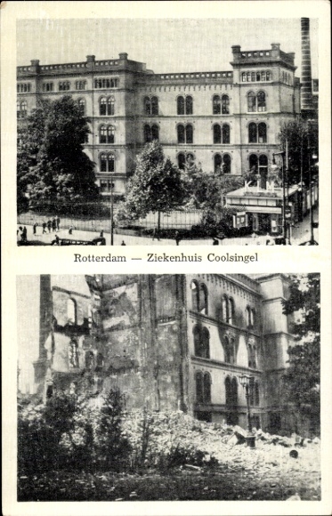 Postcard Rotterdam South Holland Netherlands, Coolsingel Hospital, ruins, war damage II. WW
