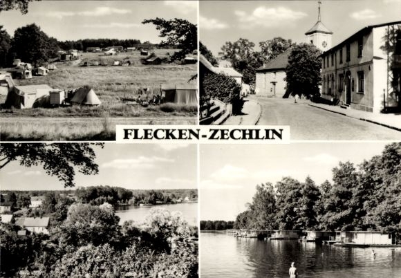 Postcard Dorf Zechlin Rheinsberg, campsite, street section, panorama of the village, houseboats