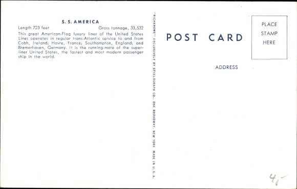Kunstenaar Briefkaart stoomschip SS Amerika, USL