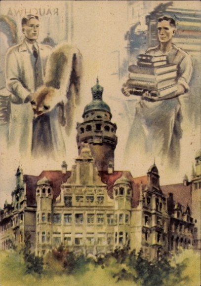 Artist Postcard Leipzig, First Leipzig Peace Fair 1947, Town Hall, Fur Trader, Bookseller