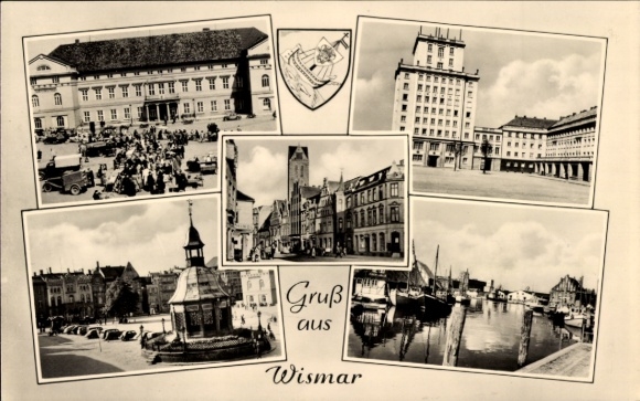 Postcard Hanseatic City of Wismar, Market Square, Buildings, Shore, Coat of Arms