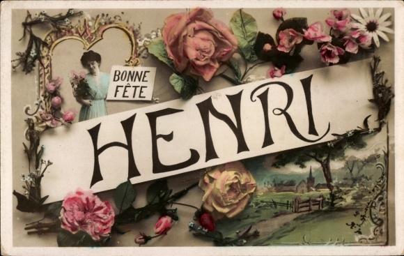 Letters Postcard First Name Henri, Congratulations, Woman, Flowers, Roses