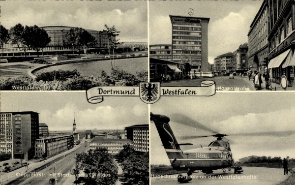 Postcard Dortmund in the Ruhr area, Hansastraße, tram, Westfalenhalle, helicopter pad