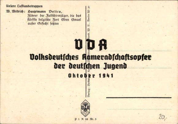 Artist Postcard Willrich, Wolfgang, airborne troops, Captain Egon Delica, Knight's Cross holder