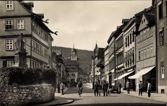 Ak Bleicherode am Harz, hoofdstraat, voorbijgangers, winkels, monument