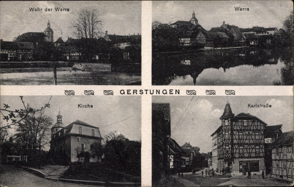 Postcard Gerstungen in Thuringia, Werra, weir, church, Karlstrasse