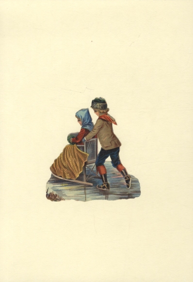 Wafer children skating and sledging on the ice, size approx. 11 x 10.5 cm