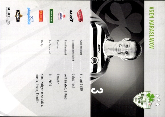 Autograph card footballer Asen Karaslavov, SpVgg Greuther Fürth, autograph