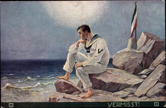 Artist Postcard Vermisst, shipwrecked German sailor on a rock by the sea