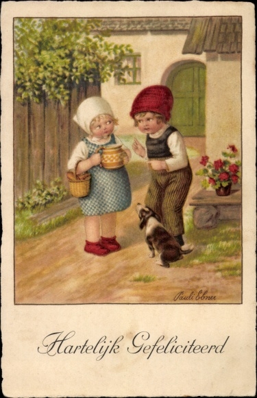 Künstler Ak Ebner, Pauli, Glückwunsch, Hartelijk Gefeliciteerd, Junge und Mädchen, Hund, Korb