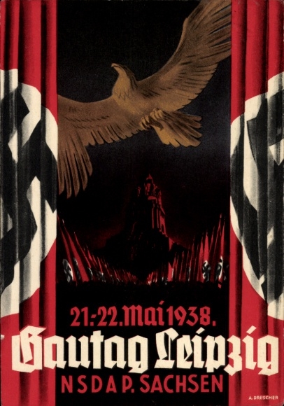Ak Gautag der NSDAP Sachsen in Leipzig 21.- 22. Mai 1938, Adler, Völkerschlachtdenkmal, Fahnenzug