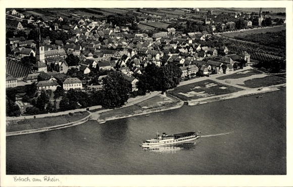 Ak Erbach im Rheingau Eltville am Rhein Hessen, Luftaufnahme von  Schiffsverkehr, Flusslandschaft