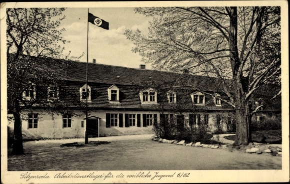 Postcard Sitzenroda Belgern Schildau in northern Saxony, work service camp for female youth 6/62, RAD