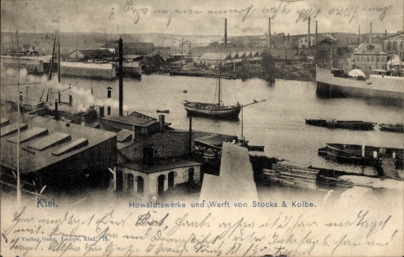 Postcard Kiel, Howaldtswerke, Stocks & Kolbe shipyard