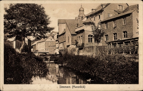 Postcard Simmern Hunsrück, river, trees, houses, bridge