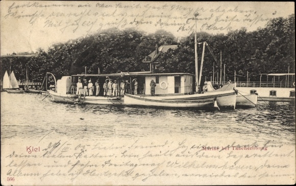 Postcard Kiel, Imperial Navy, diving exercise, tender
