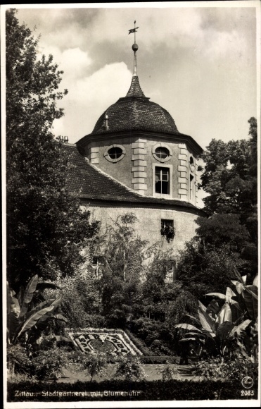 Postcard Zittau in Oberlausitz, city nursery with flower clock