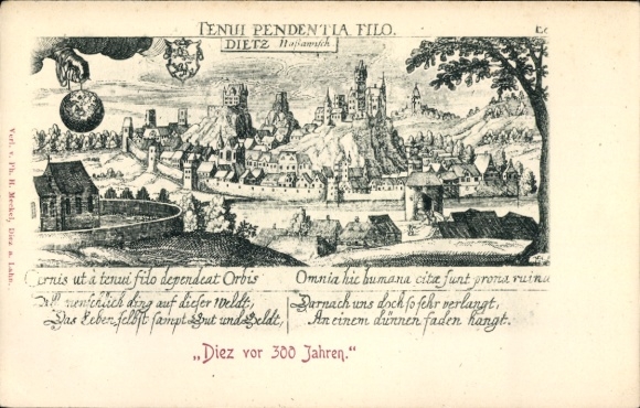 Künstler Ak Diez im Rhein Lahn Kreis Rheinland Pfalz, Stadtansicht vor 300 Jahren