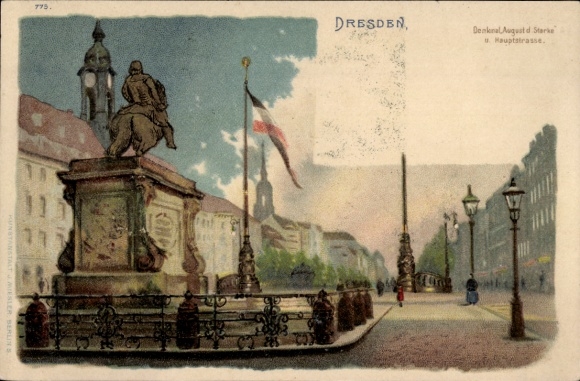 Chromo-Litho Dresden Neustadt, Monument August the Strong, Hauptstraße