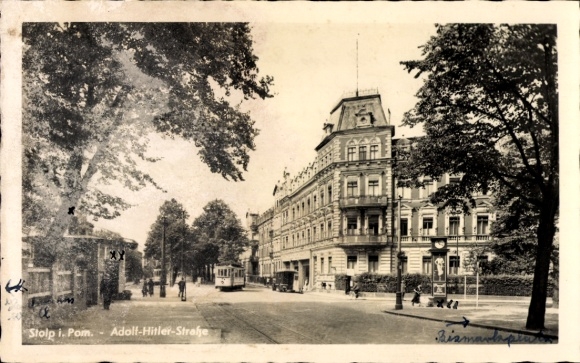 Postcard Słupsk Stolp Pomerania, Adolf Hitler Street, tram