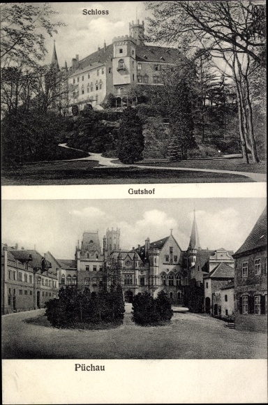 Postcard Püchau Machern, view of the castle and the estate, square