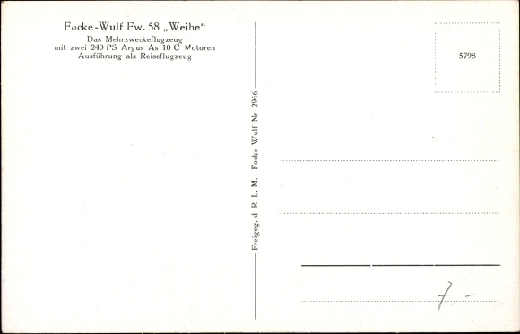 Postcard Focke Wulf Fw 58 Weihe, travel plane, D ODUY