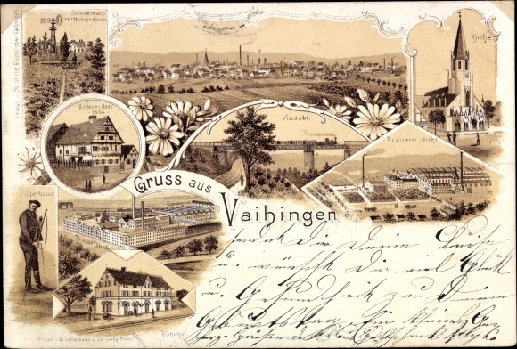 Litho Vaihingen auf den Fildern Stuttgart am Neckar, Kirche, Brauerei, Fabrik, Viadukt