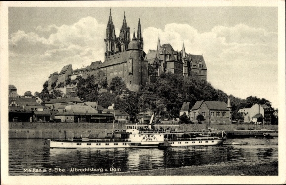 Postcard Elbe steamer Riesa in Meißen, Albrechtsburg, cathedral