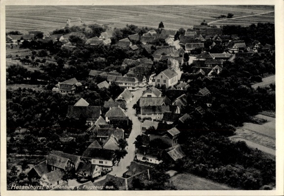 Postcard Hesselhurst Willstätt in Baden, aerial view of Hesselhurst, houses, street, nature