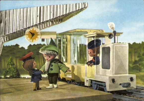 Postcard Our Sandman, Sandman, GDR children's television, railway, train station