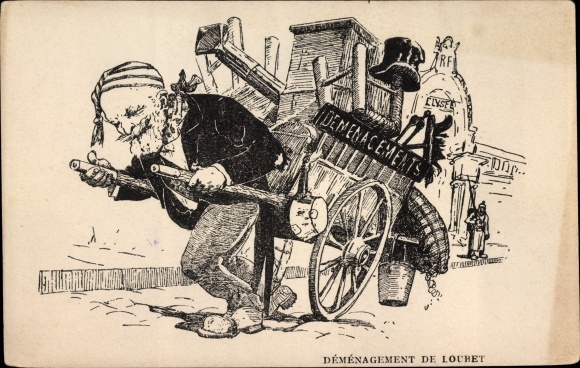 Postcard Demenagement de Emile Loubet, Leaving the Elysee Palace, caricature