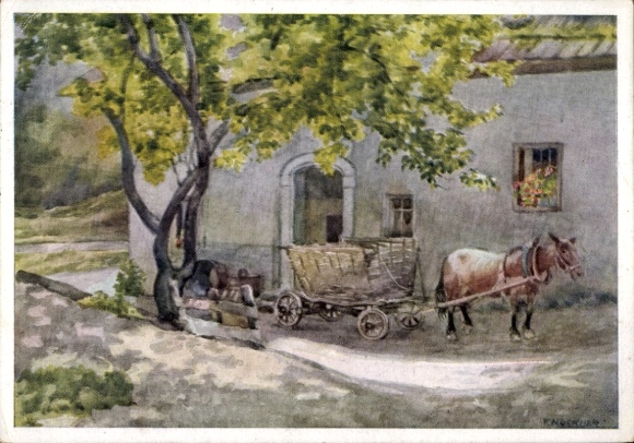 Künstler Ak Nockher, F., Wohnhaus, Fuhrwerk, Pferd