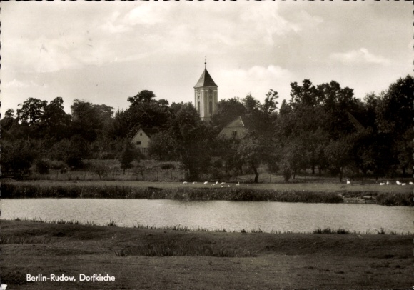 Postcard Berlin Neukölln Rudow, village church