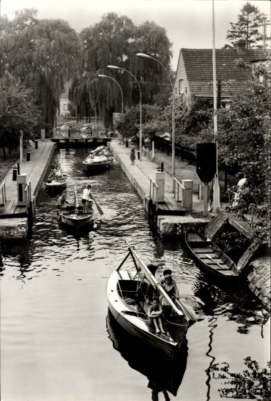 Postcard Storkow in der Mark, lock, paddle boats