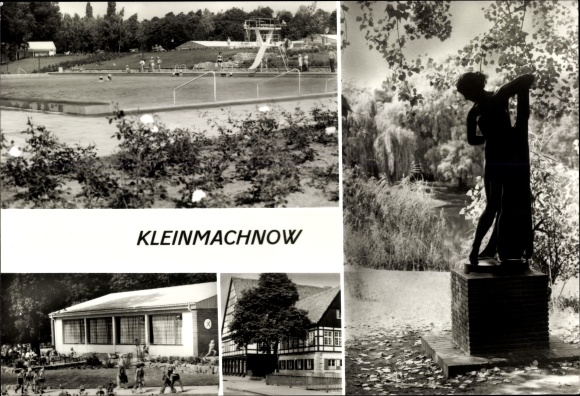 Postcard Kleinmachnow, outdoor pool with café, inn, statue