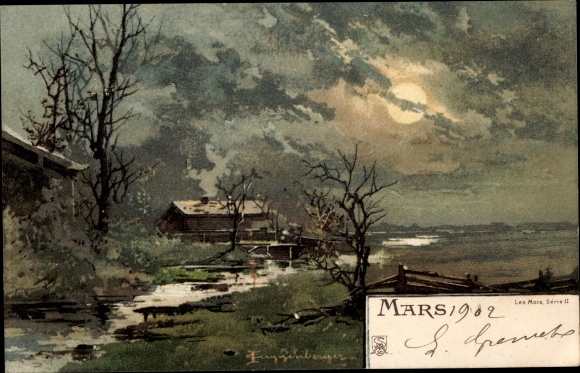 Artist Chromo-Litho Guggenberger, Allegory March, Landscape in the Moonlight